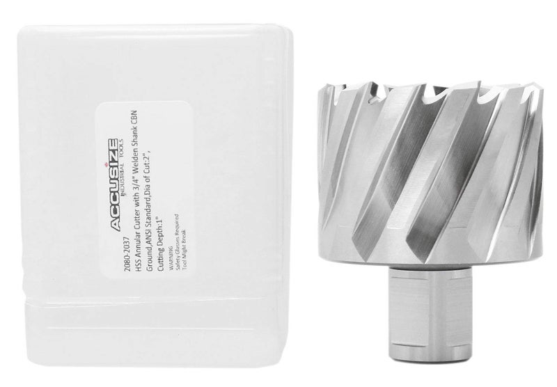 Accusize Industrial Tools H.S.S. Annular Cutter, 2" Dia, 1" Cutting Depth, 3/4" Weldon Shank, ANSI Standard, 2080-2037 - Image 1
